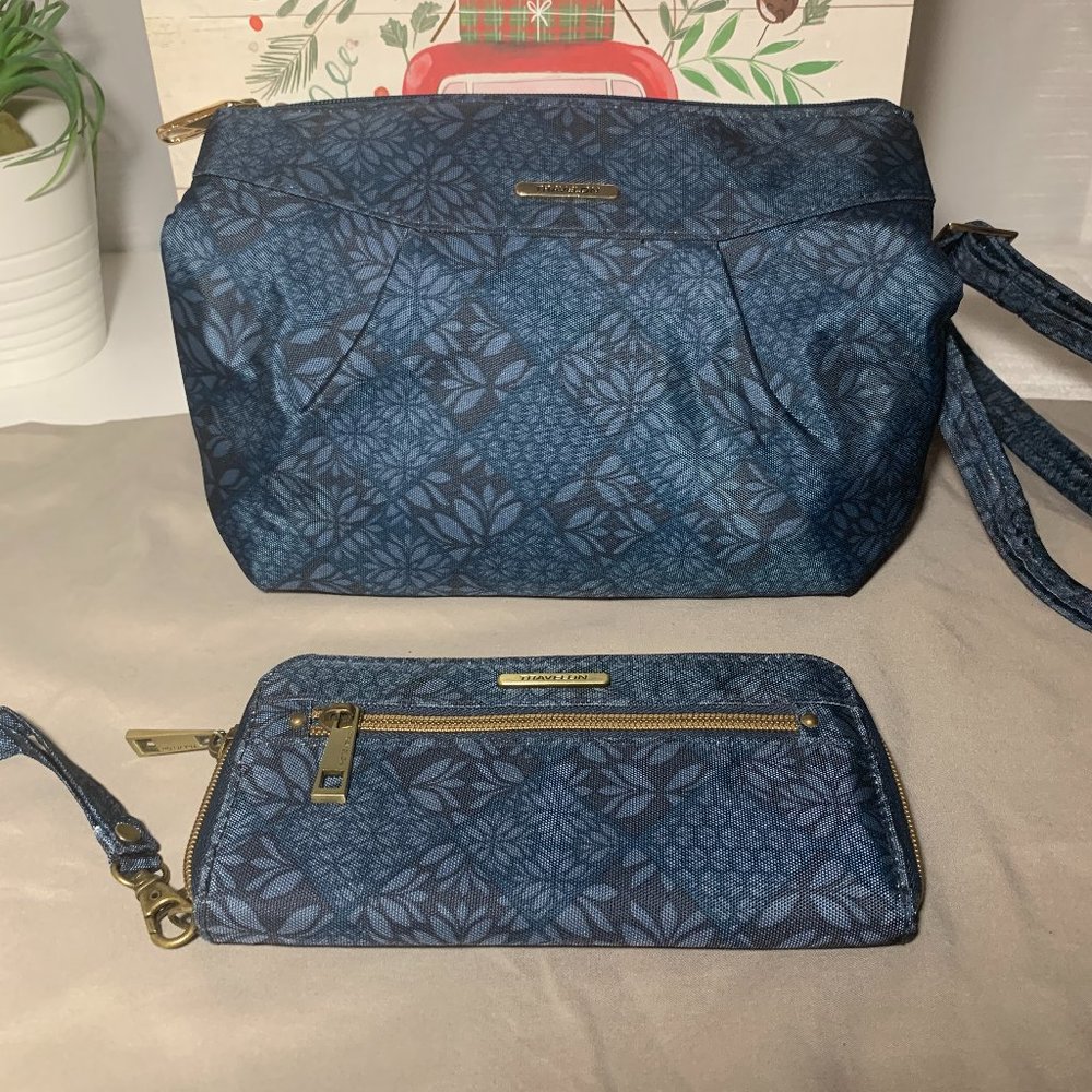 Travelon Crossbody and Wallet in Blue Floral Pattern